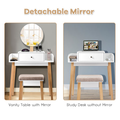Makeup Vanity Table Set with Round Mirror and Cushioned Stool
