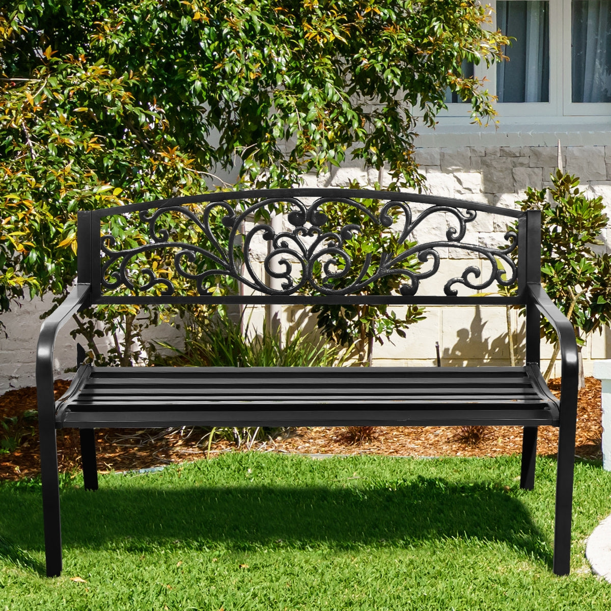 50-Inch Steel Frame Patio Bench with Cast Iron Backrest