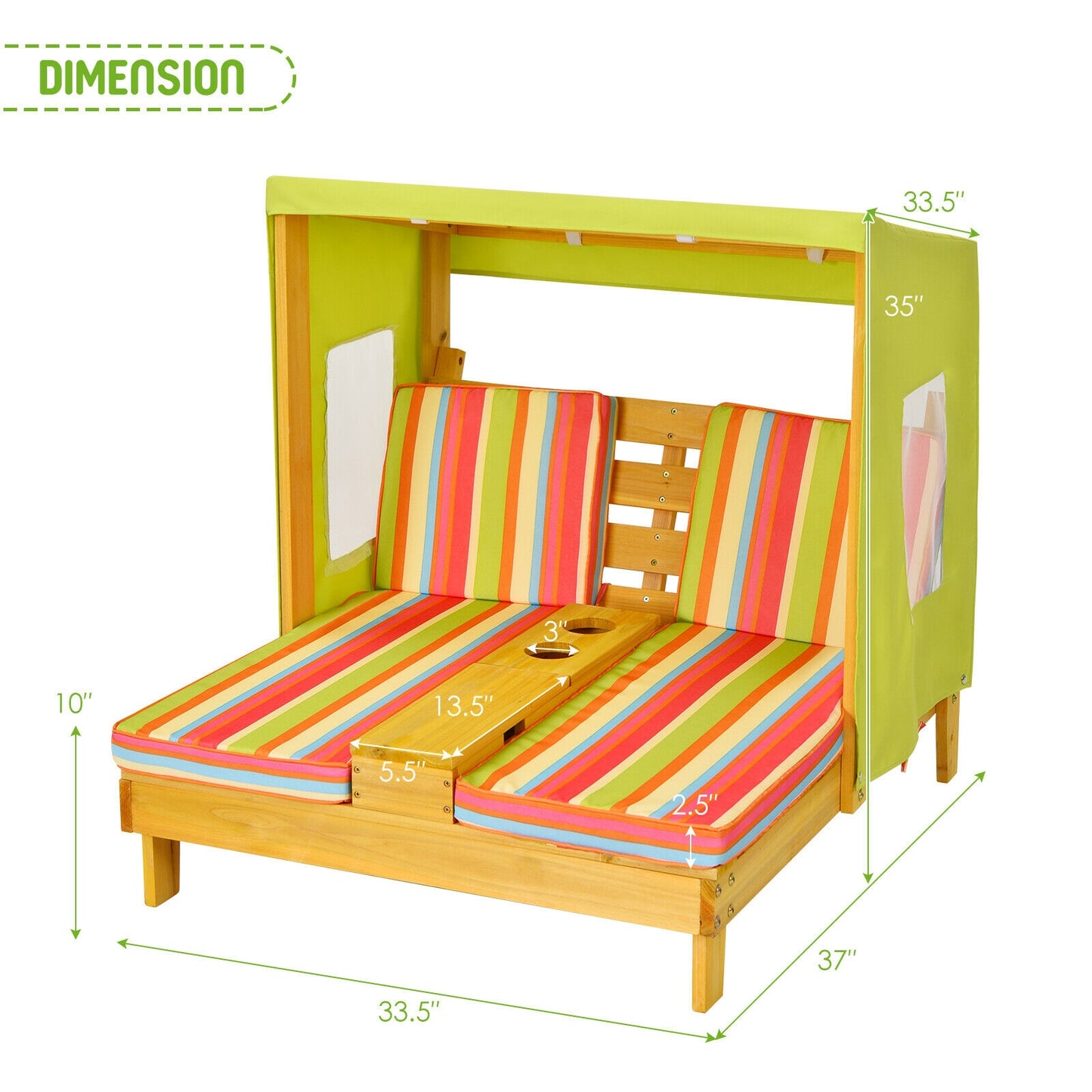 Kids Double Lounge Chair with Awning and Cup Holders