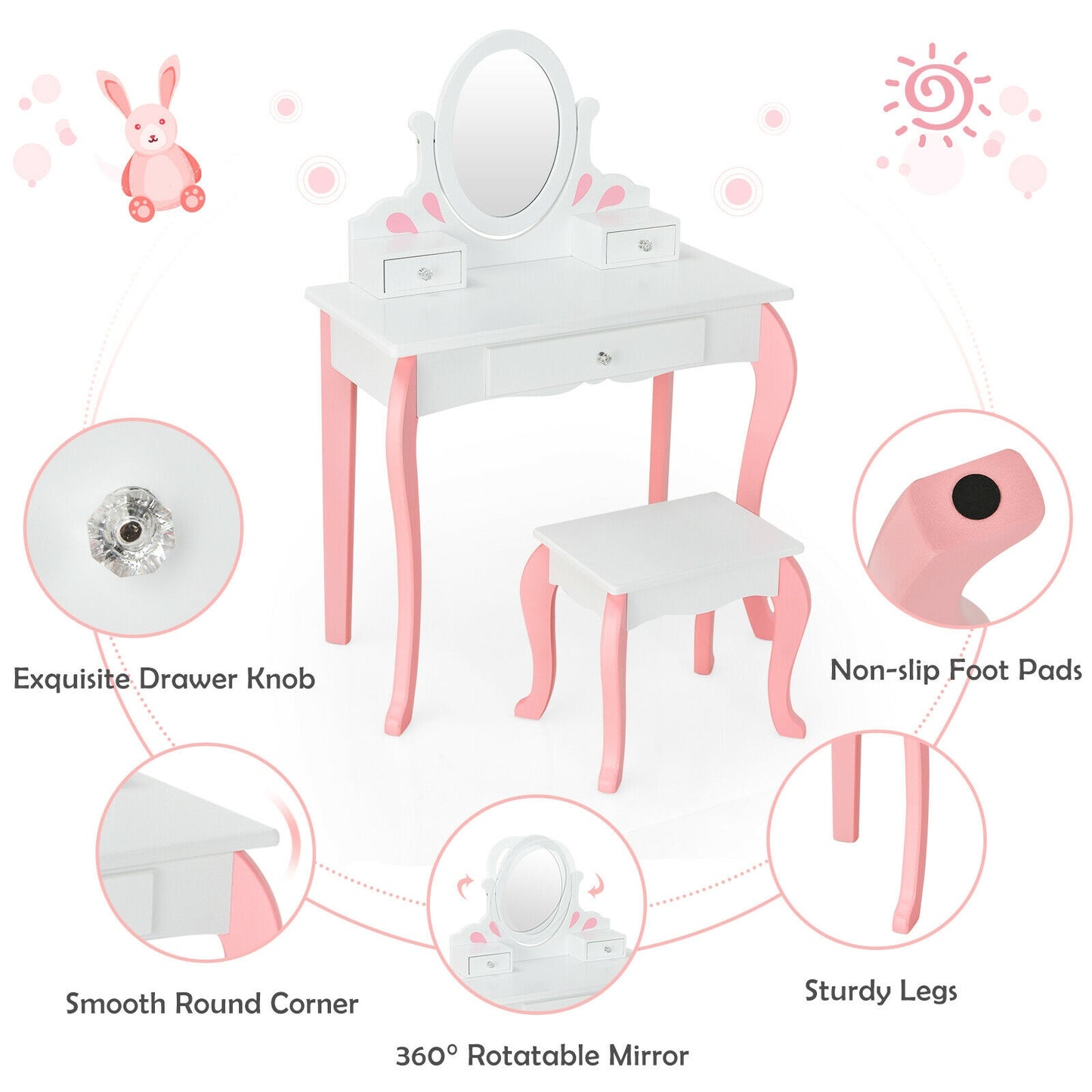 Kids Vanity Table Set with Mirror, Drawer & Stool - Pink