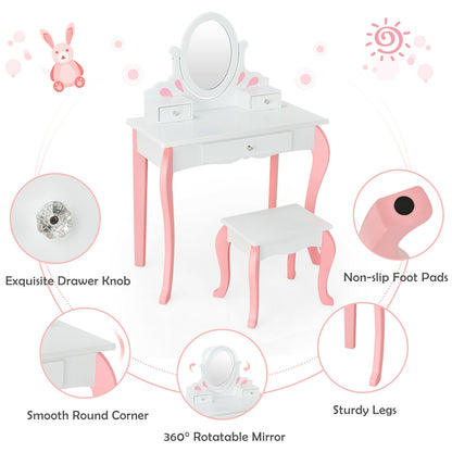 Kids Vanity Table Set with Mirror, Drawer & Stool - Pink