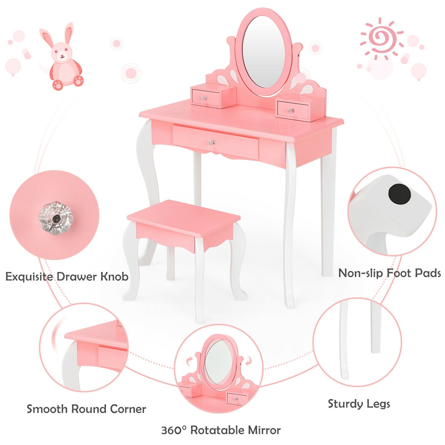 Kids Vanity Table Set with Mirror, Drawer & Stool - Pink