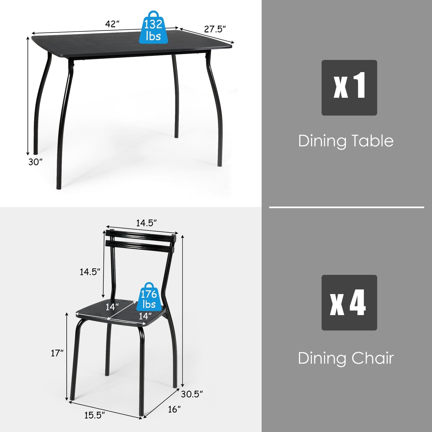 5-Piece Dining Table Set with 4 Chairs and Steel Frame
