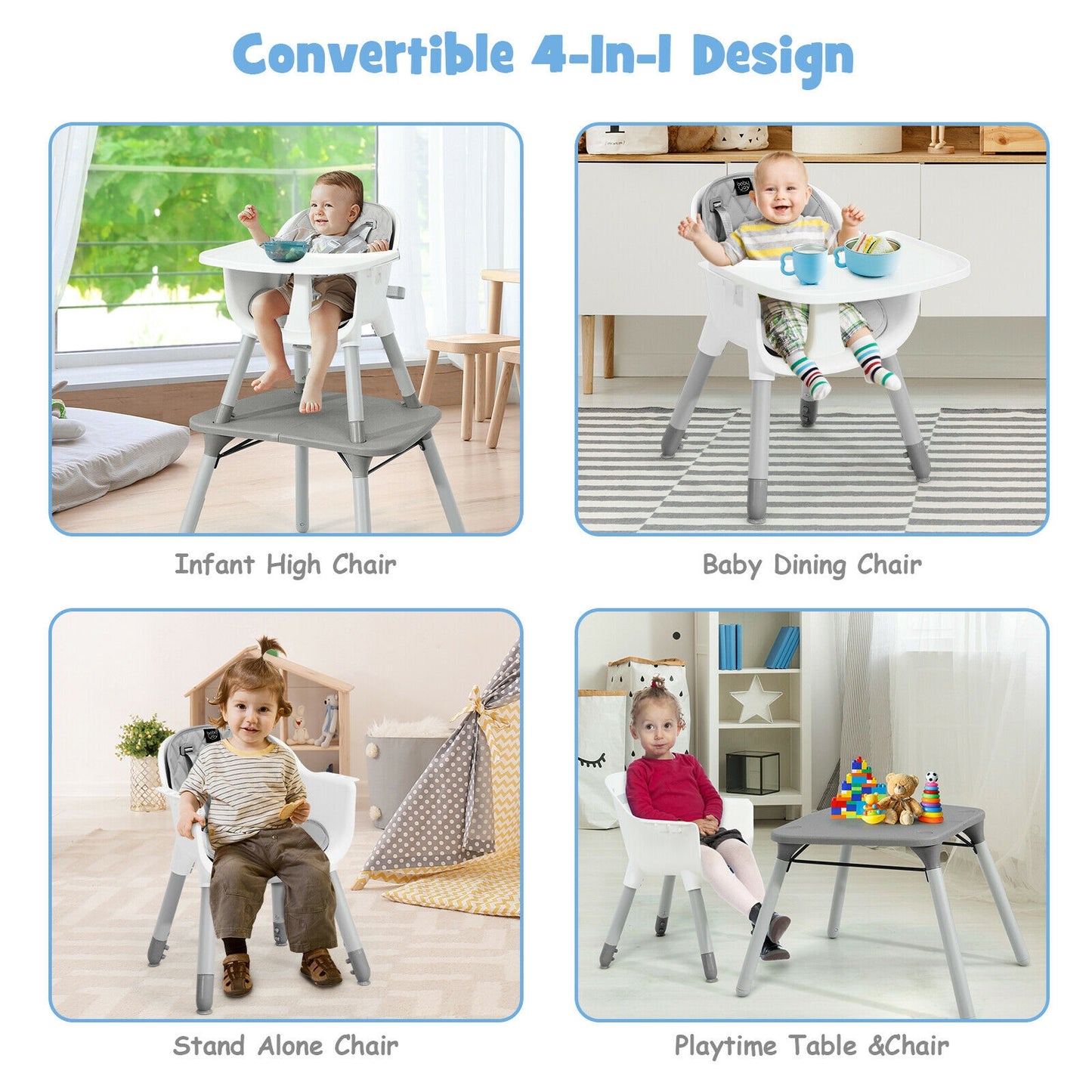 4-in-1 Convertible Baby High Chair with PU Cushion