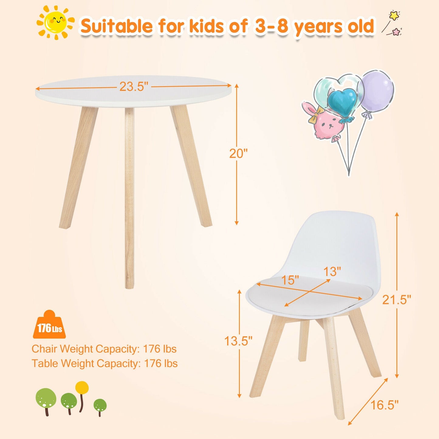 Kids Activity Table and 2 Chairs Set with Cushioned Seats