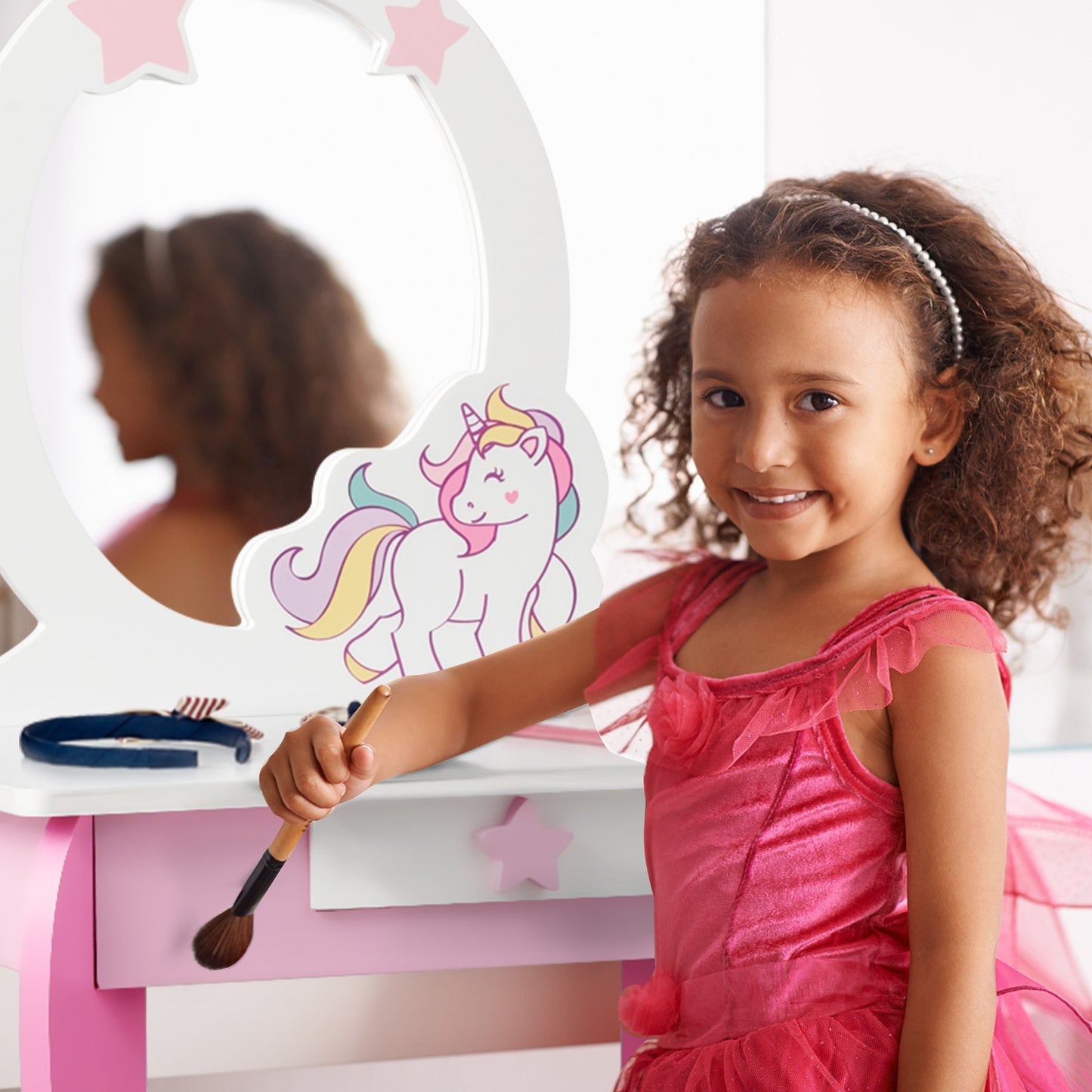 Kids Wooden Vanity Table and Chair Set with Mirror and Drawer