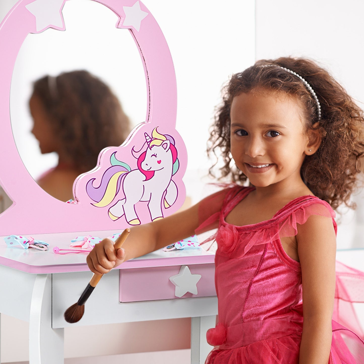 Kids Wooden Vanity Table and Chair Set with Mirror and Drawer