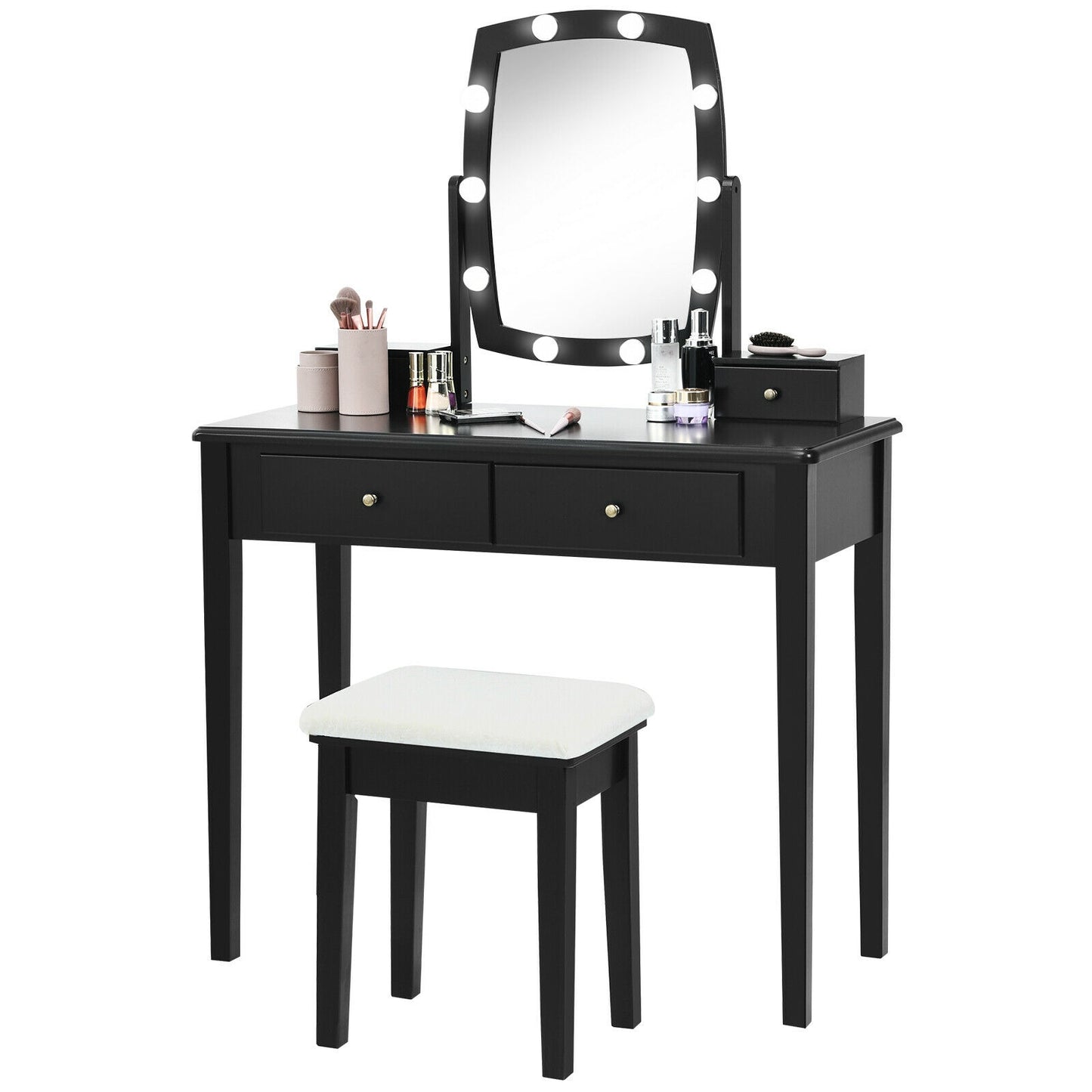Lighted Vanity Table Set with Mirror and Stool