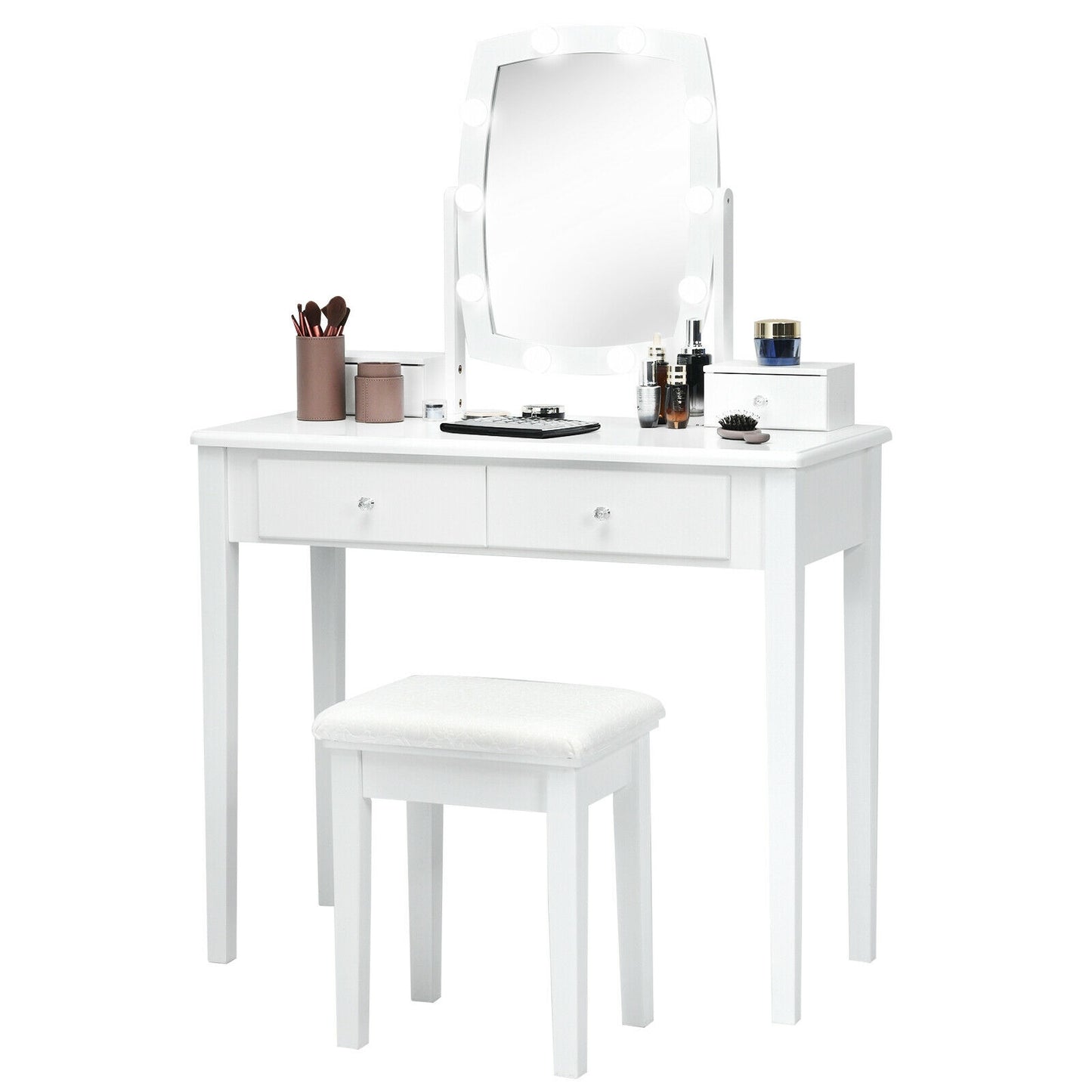 Lighted Vanity Table Set with Mirror and Stool