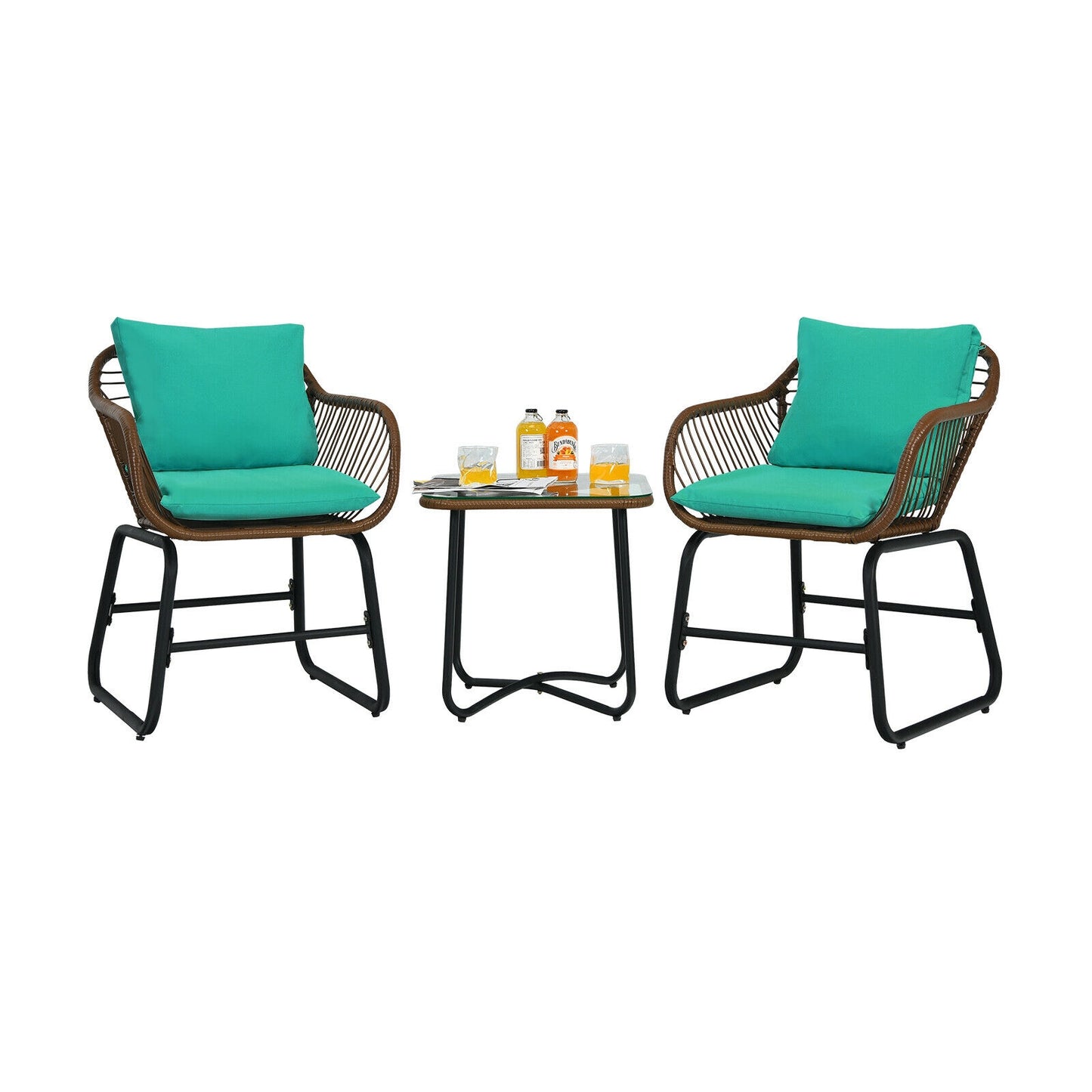 3-Piece Rattan Bistro Set with Cushioned Chairs & Glass Table