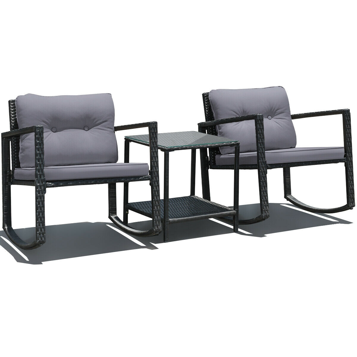 3-Piece Patio Rocking Chair Set with Cushions & Glass Table