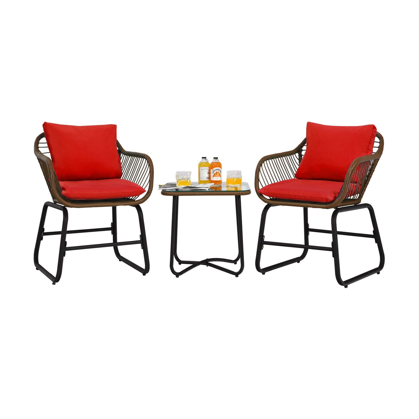 3-Piece Rattan Bistro Set with Cushioned Chairs & Glass Table