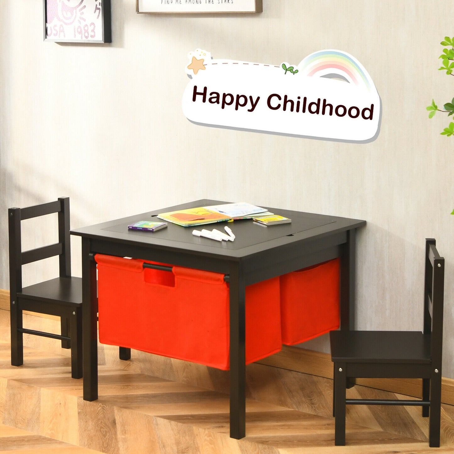 Kids Activity Table and 2 Chairs Set with Storage Drawers