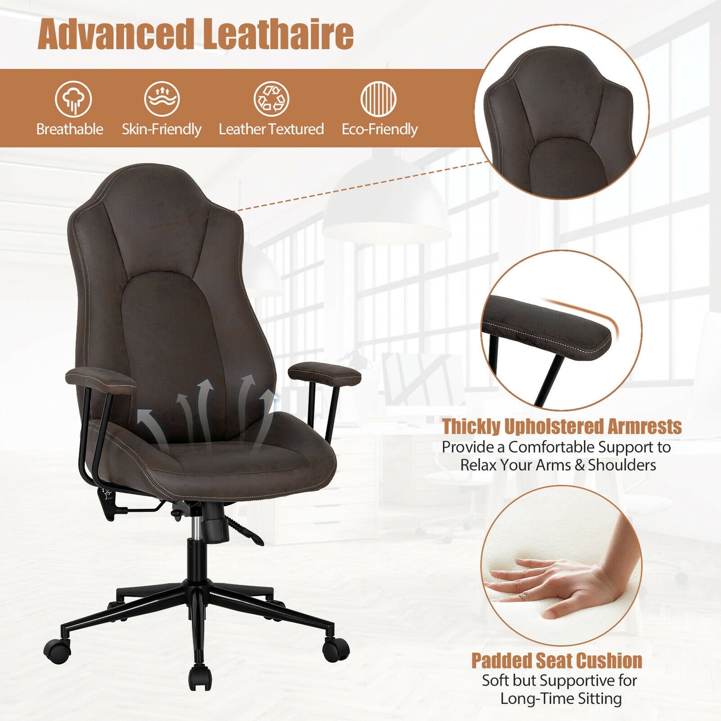 Executive Office Chair with Adjustable High Back and Armrests