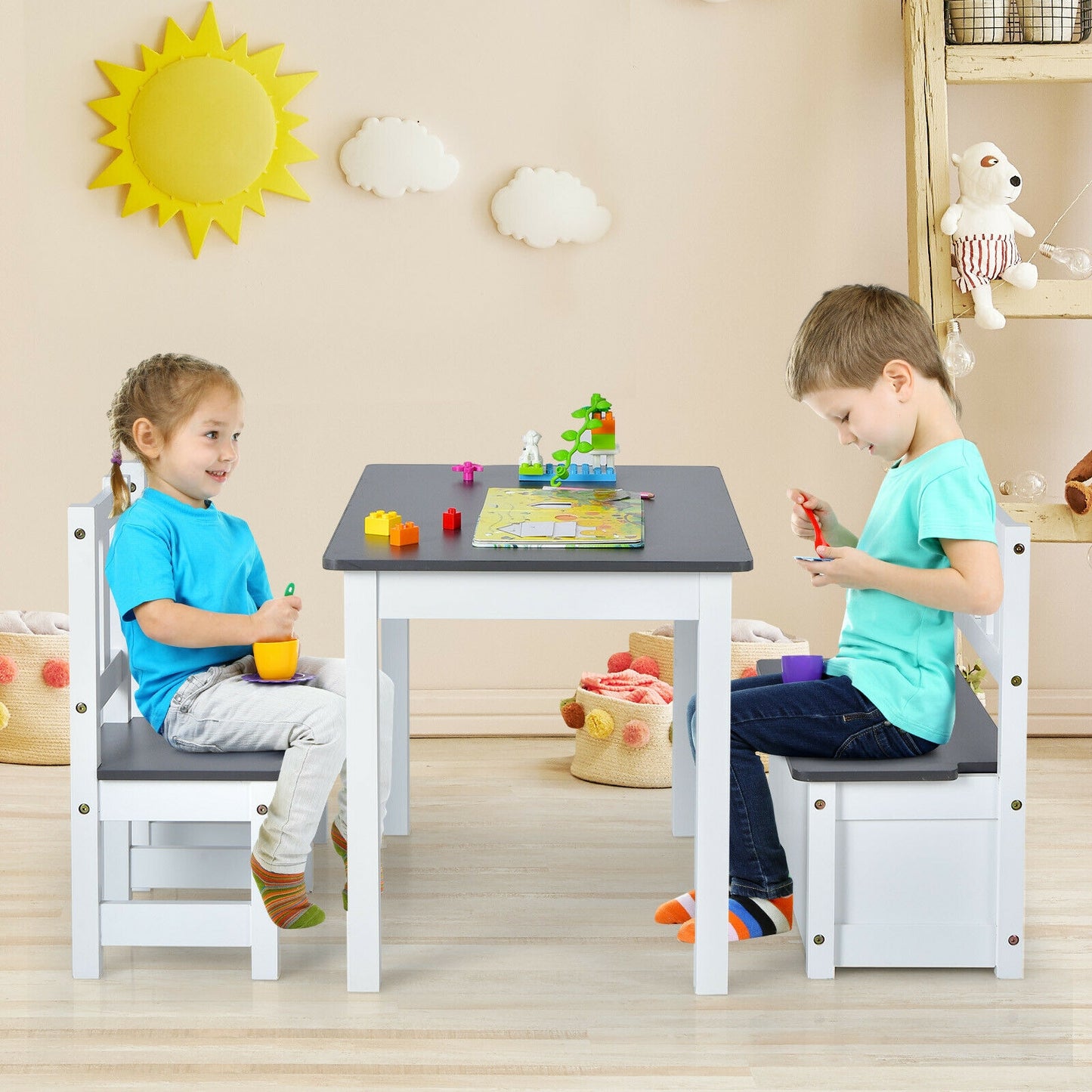 Kids Wooden Activity Table and Chairs Set with Storage Bench