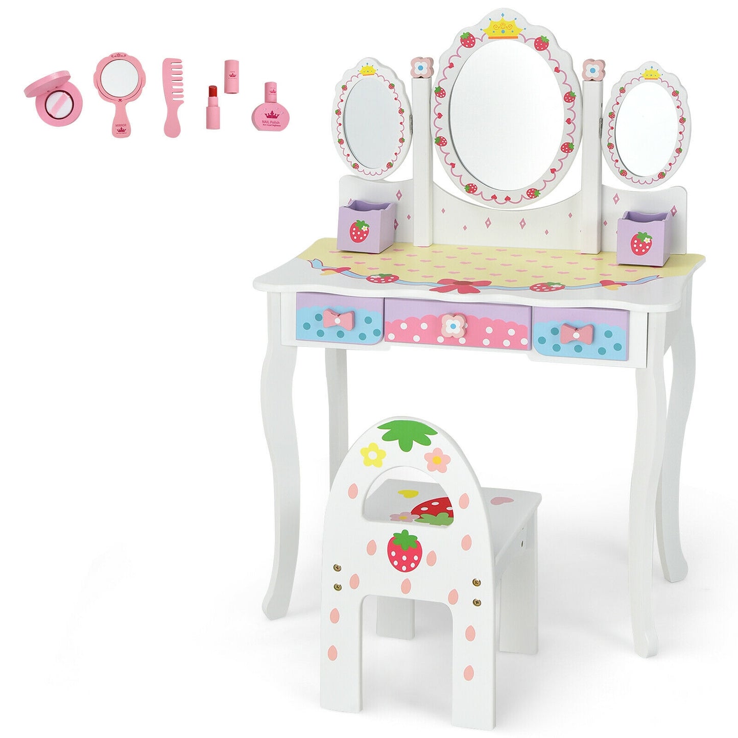 Kids Vanity Table Set with Tri-Fold Mirror and Chair