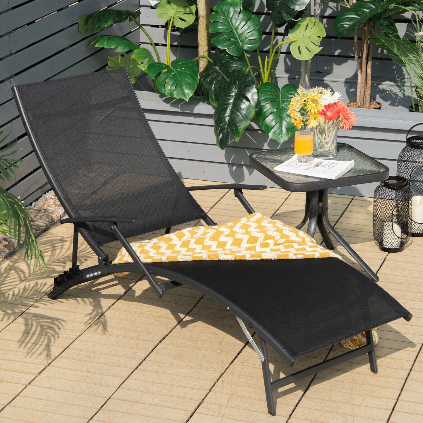 Folding Stackable Chaise Lounge Chairs Set of 2 with Armrests