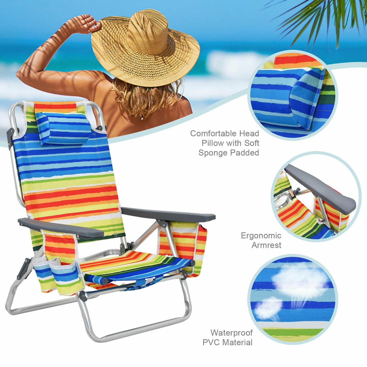 Folding Beach Chair 4-Pack with Adjustable Backrest & Pillow