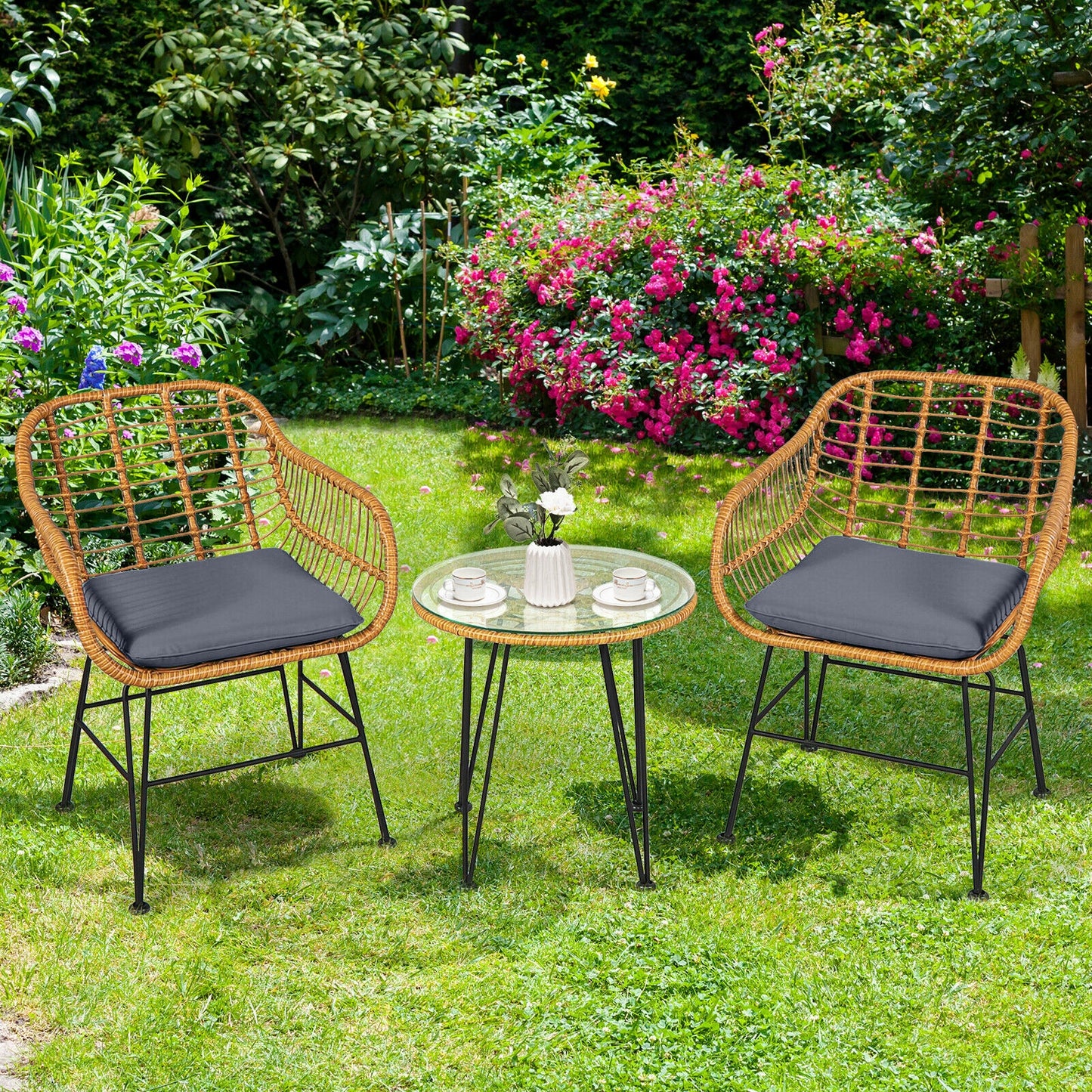 3-Piece Rattan Patio Conversation Set with Cushioned Chairs