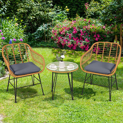 3-Piece Rattan Patio Conversation Set with Cushioned Chairs