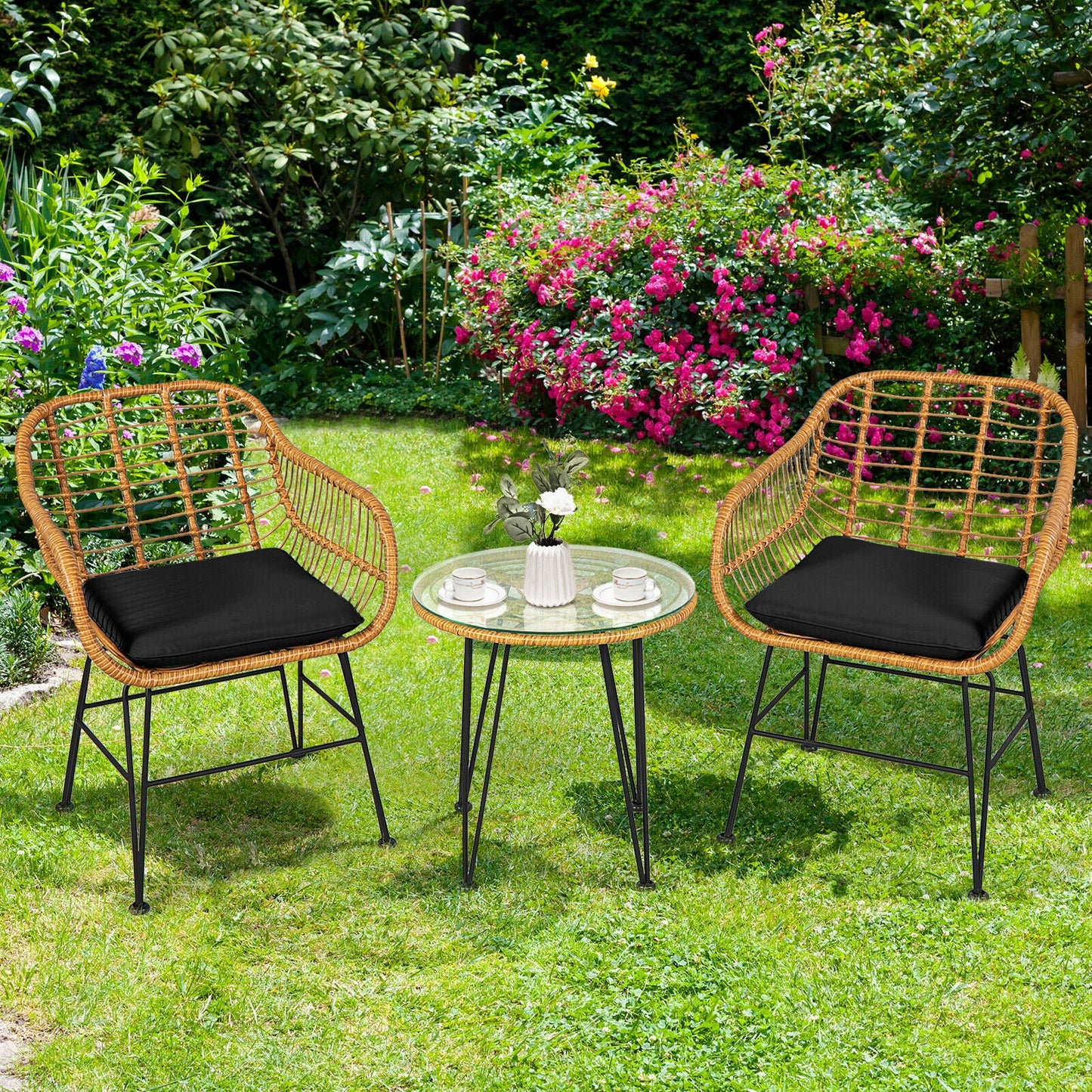 3-Piece Rattan Patio Conversation Set with Cushioned Chairs