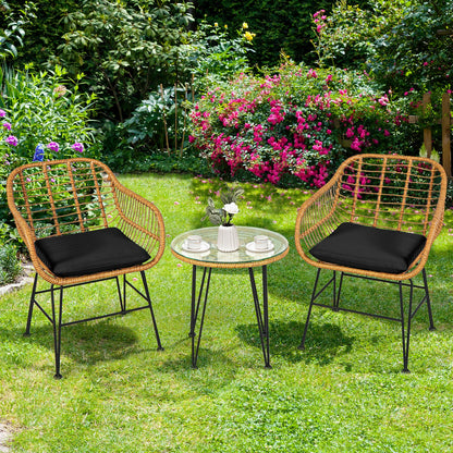 3-Piece Rattan Patio Conversation Set with Cushioned Chairs