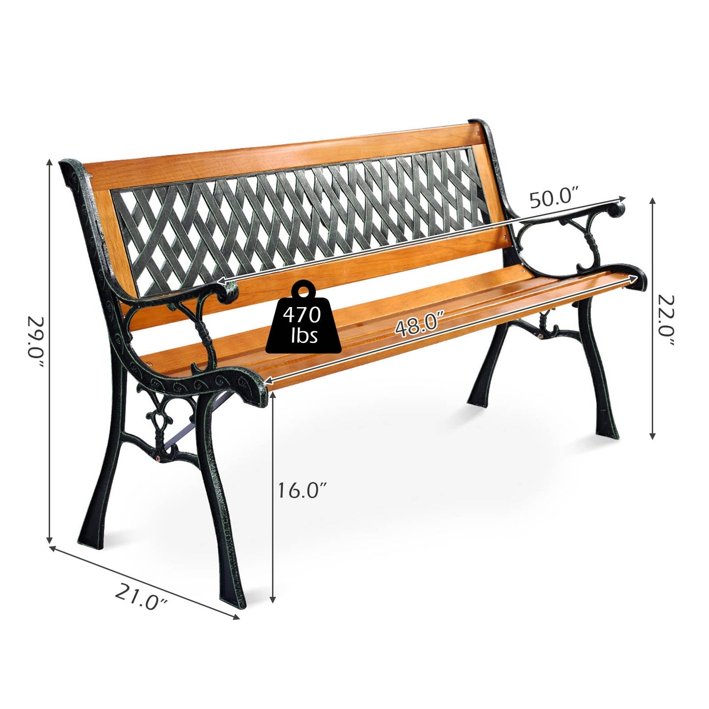 Cast Iron Patio Bench with Wood Seat - 463 lb Capacity