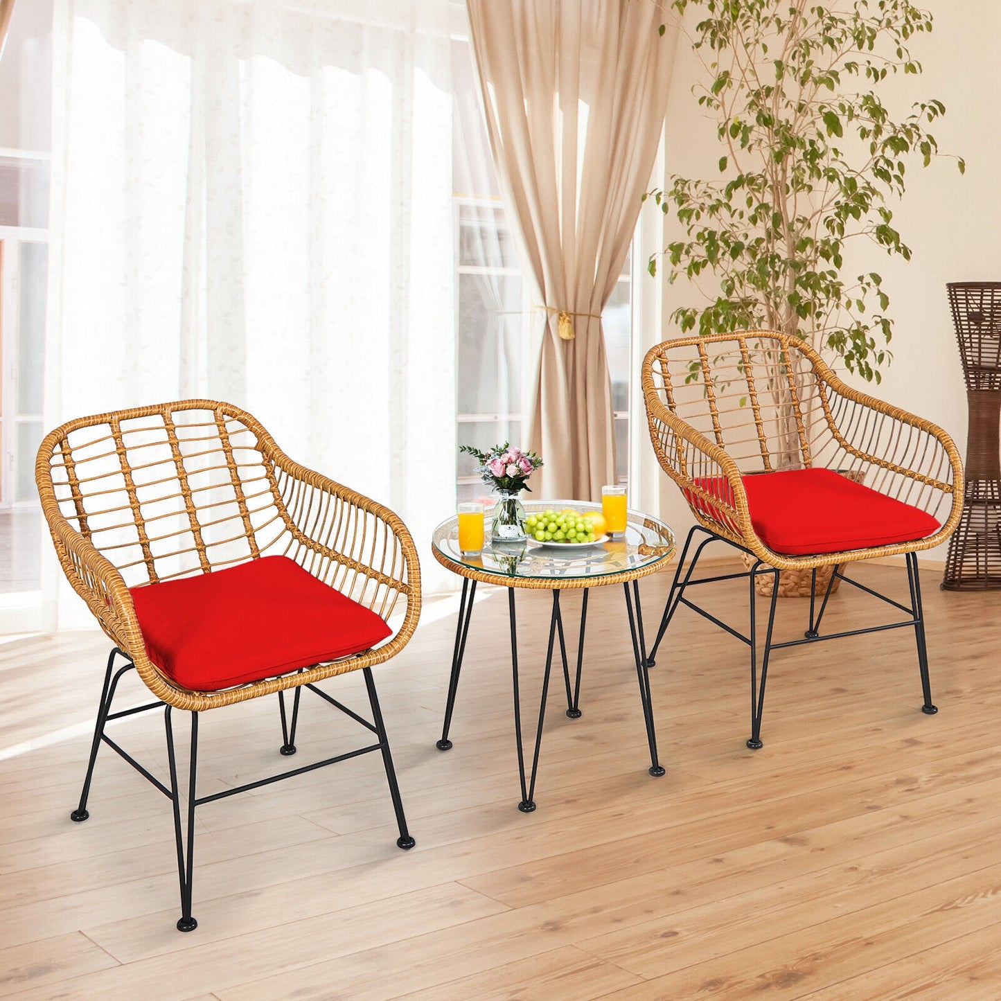 3-Piece Rattan Patio Conversation Set with Cushioned Chairs