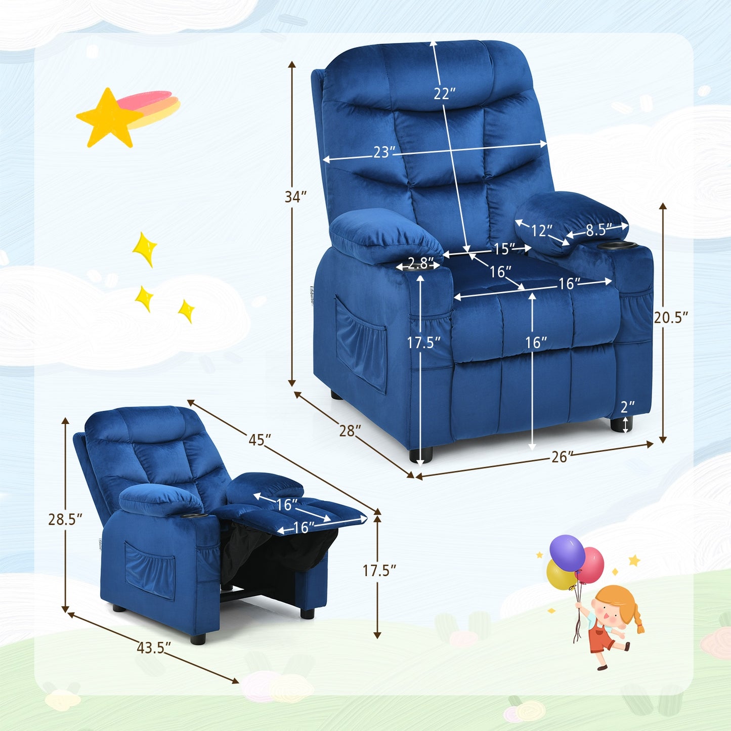 Kids Recliner Chair with Cup Holder and Footrest