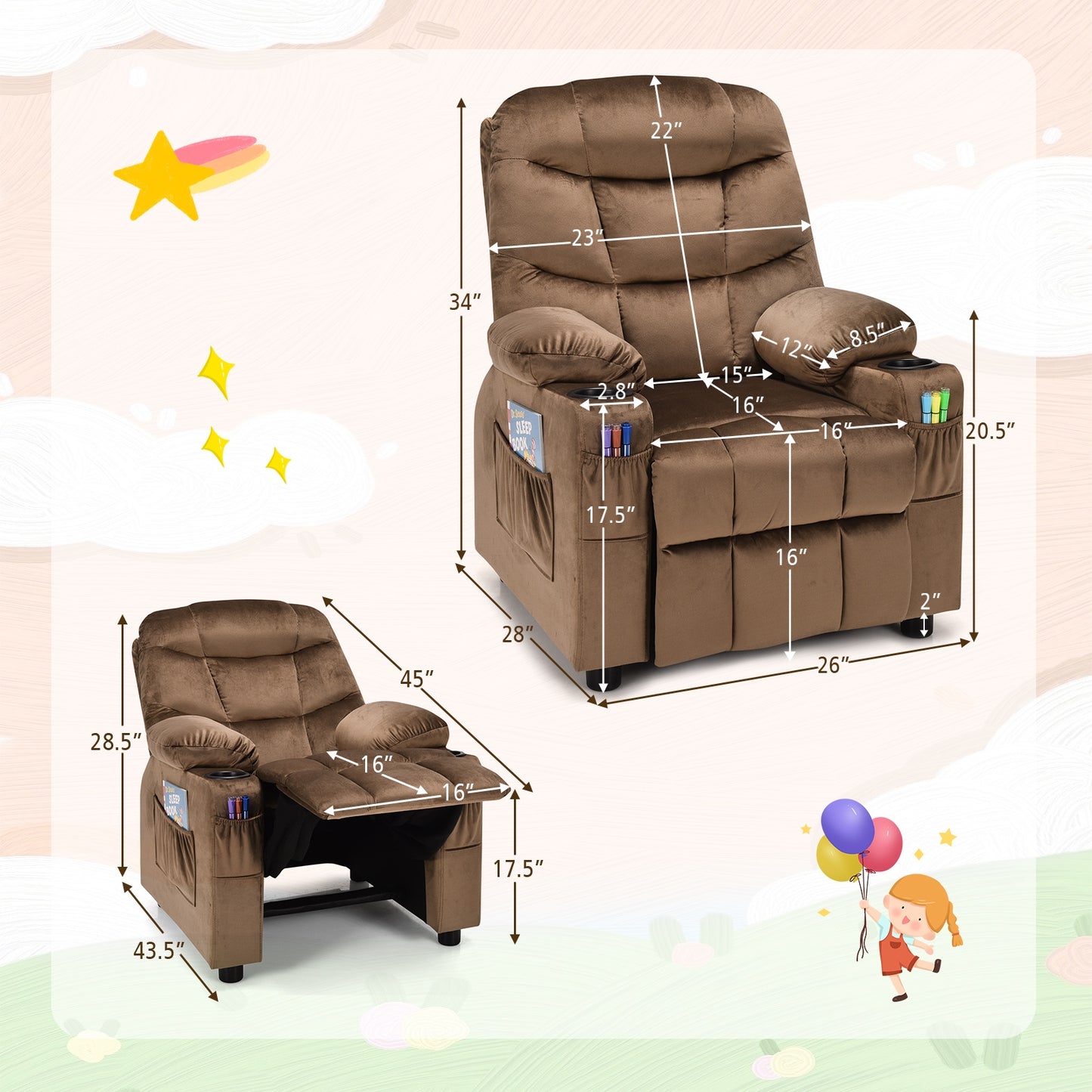 Kids Recliner Chair with Cup Holder and Footrest