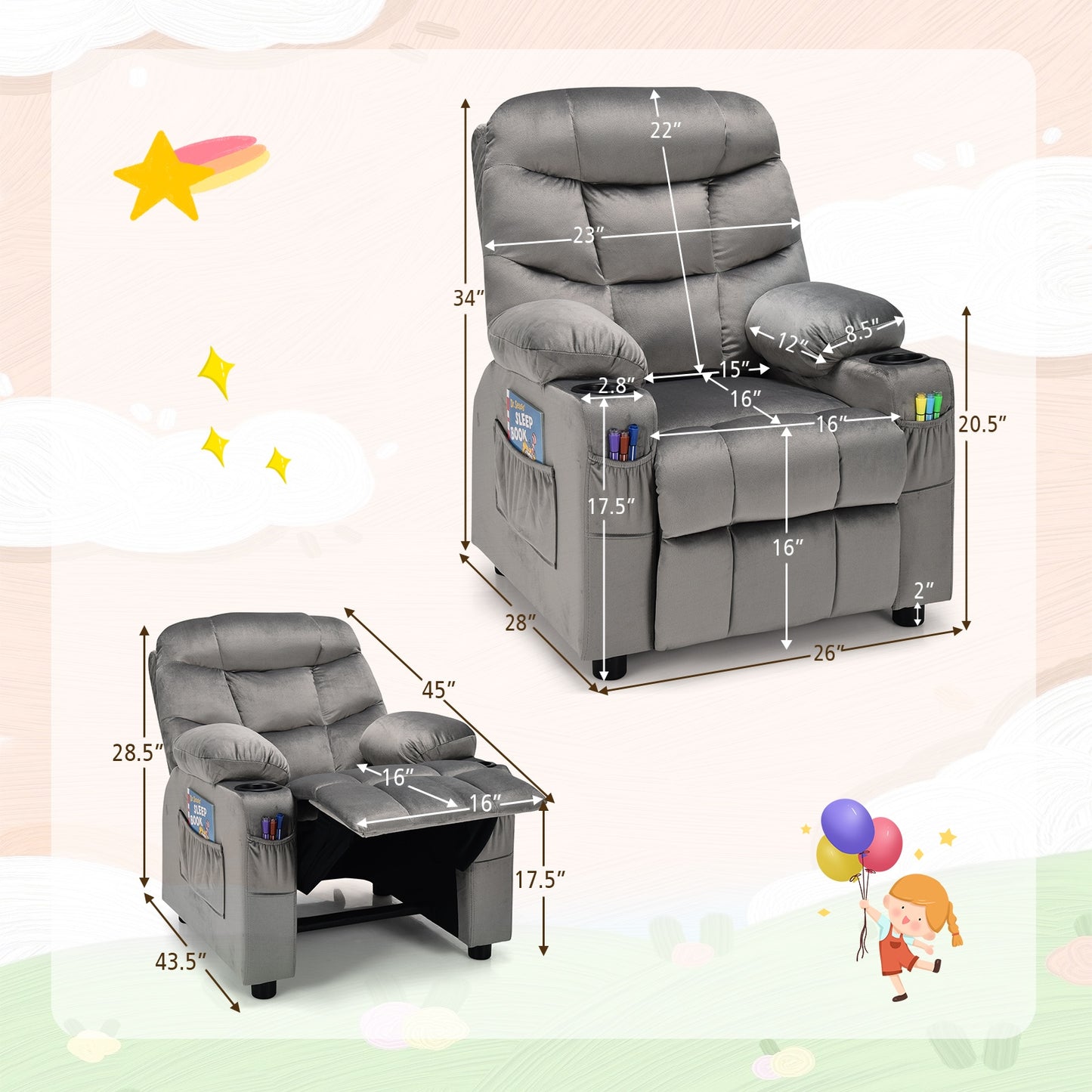 Kids Recliner Chair with Cup Holder and Footrest
