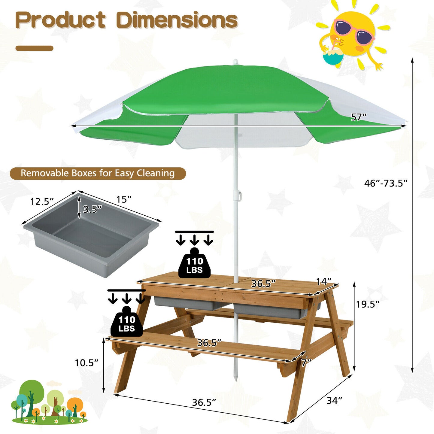 Kids Outdoor Picnic Table with Umbrella and Sand Water Play