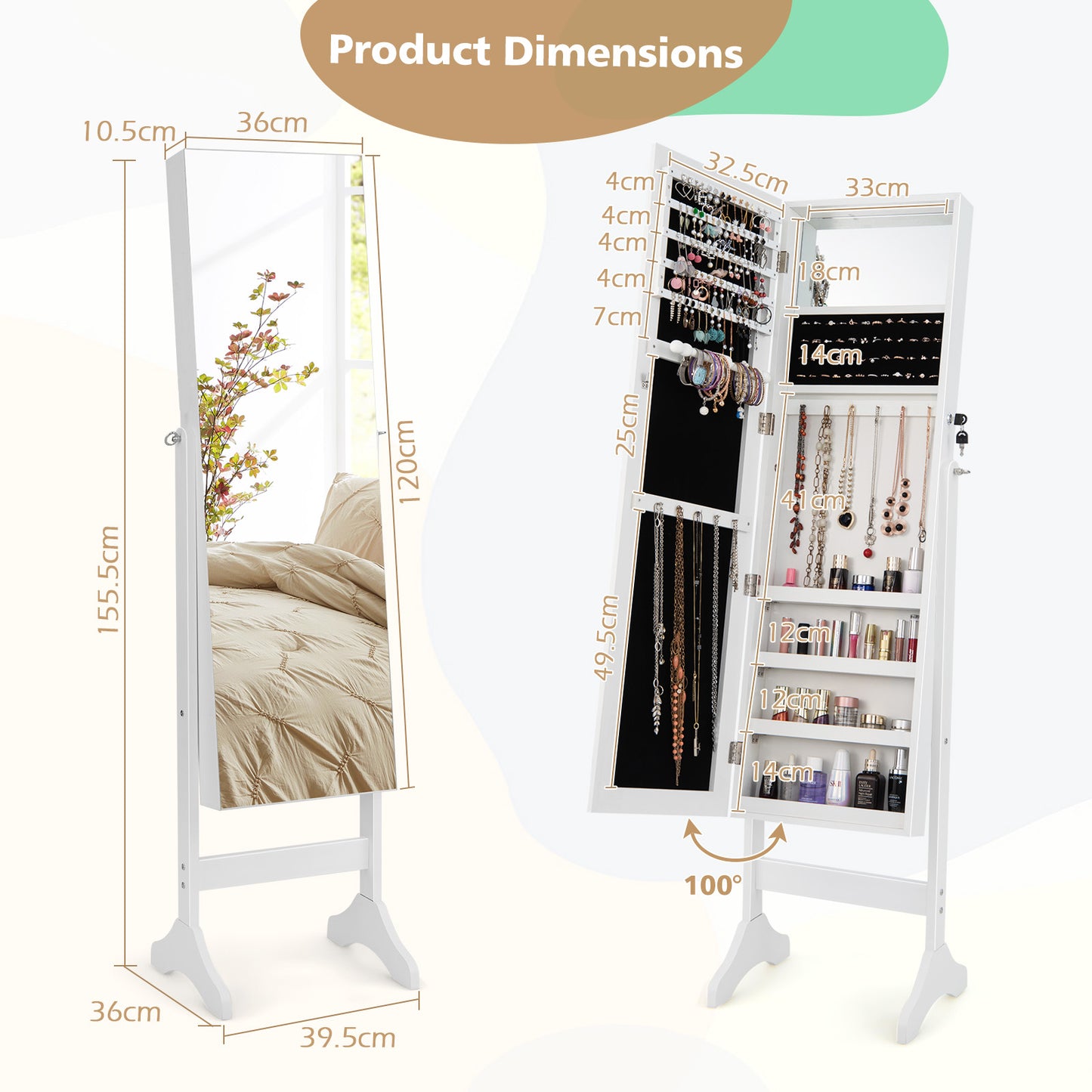 Standing Jewelry Cabinet with Full Length Mirror - White