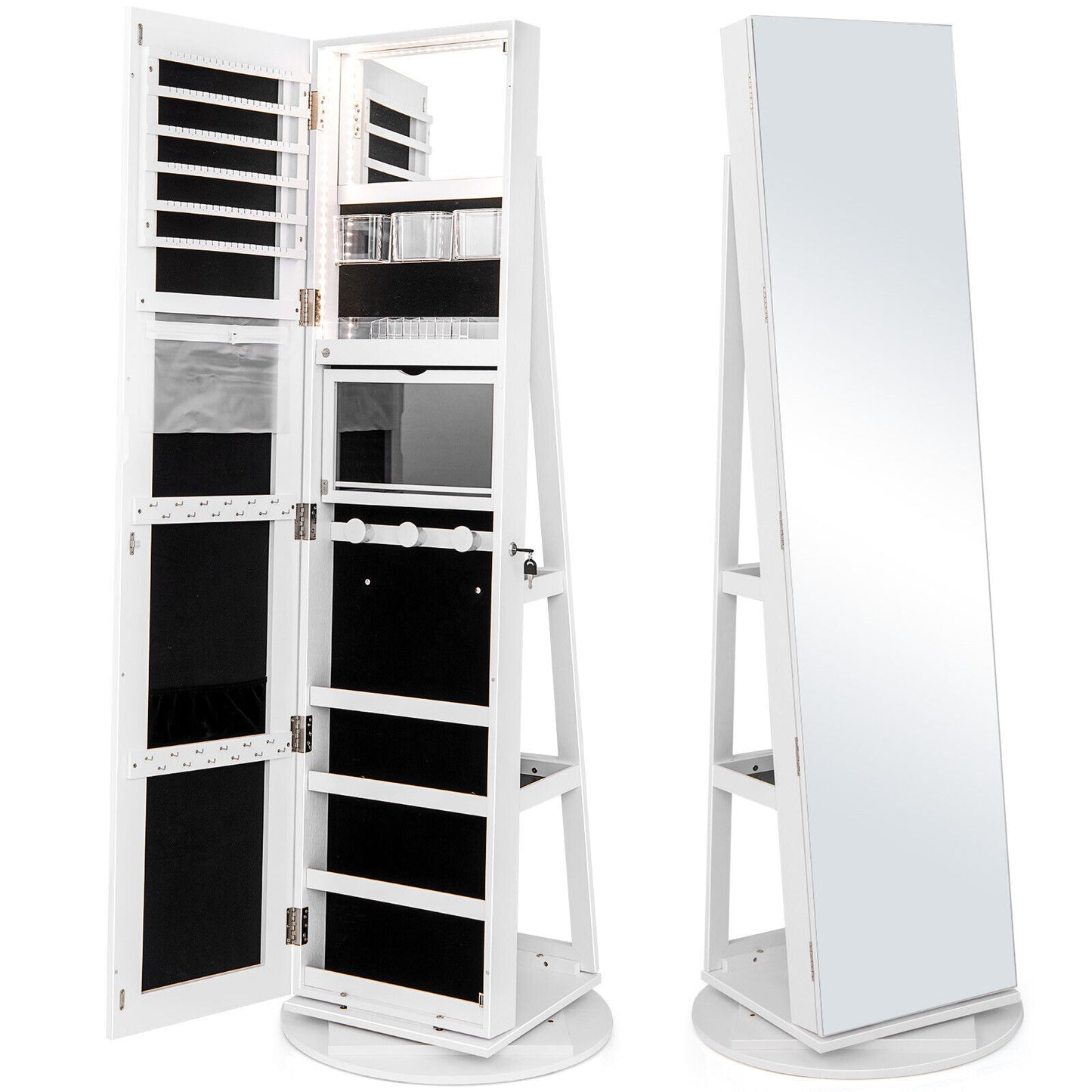 Rotating Mirrored Jewelry Armoire with LED Lighting