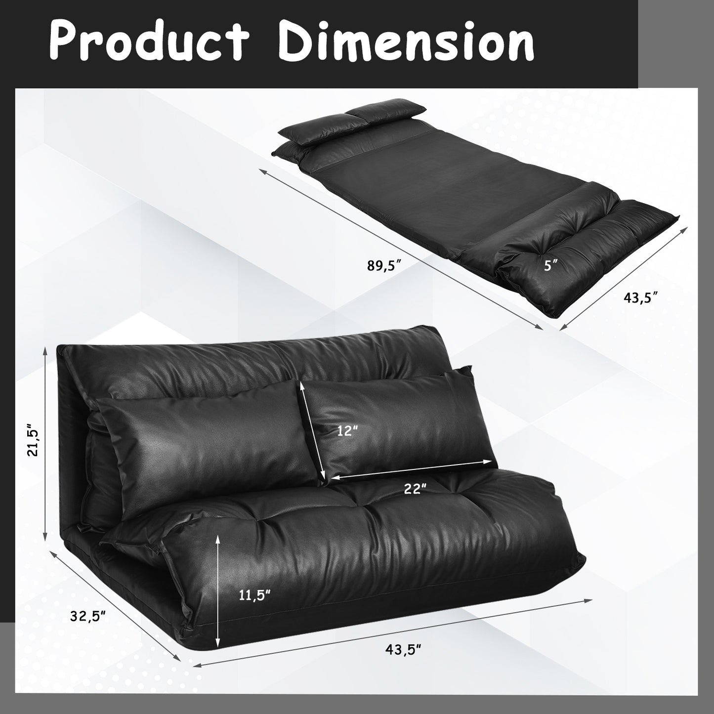 Adjustable Floor Sofa Bed with Pillows - Foldable PU Leather