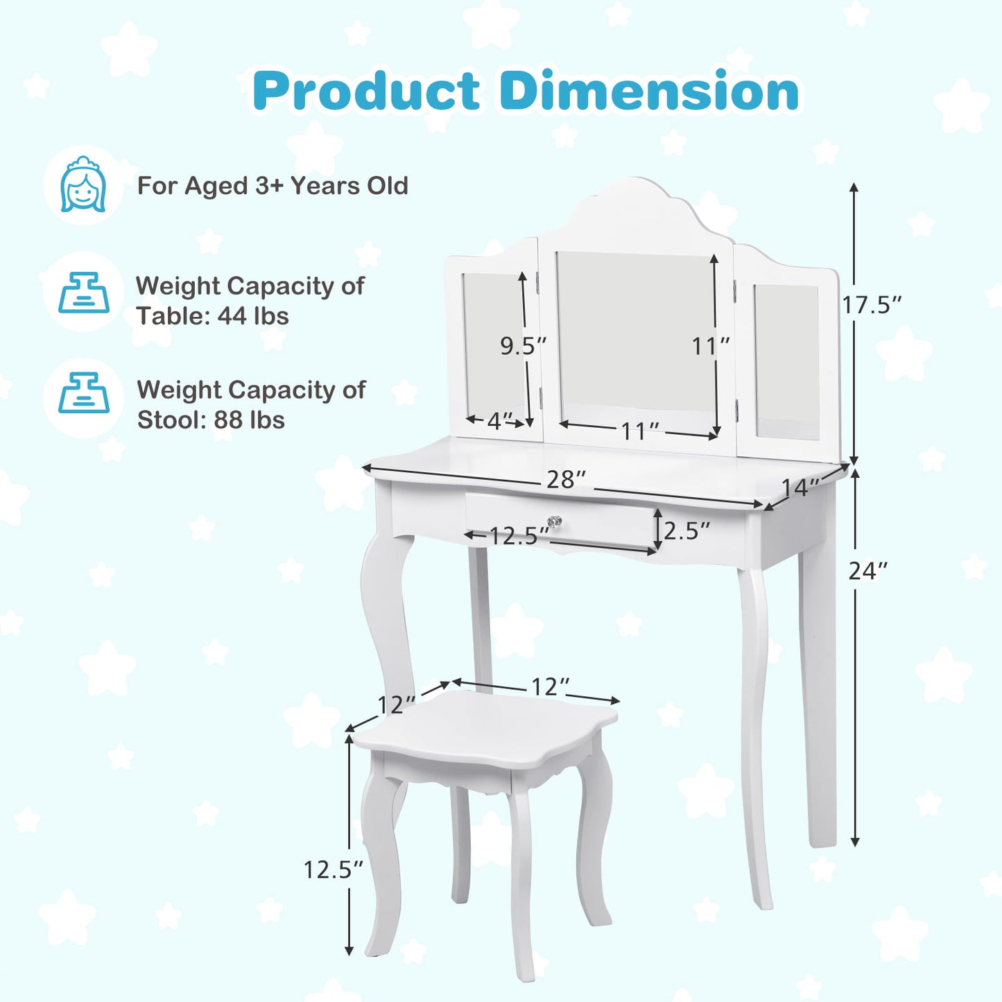 Kids Vanity Table and Stool Set with Mirror and Drawer