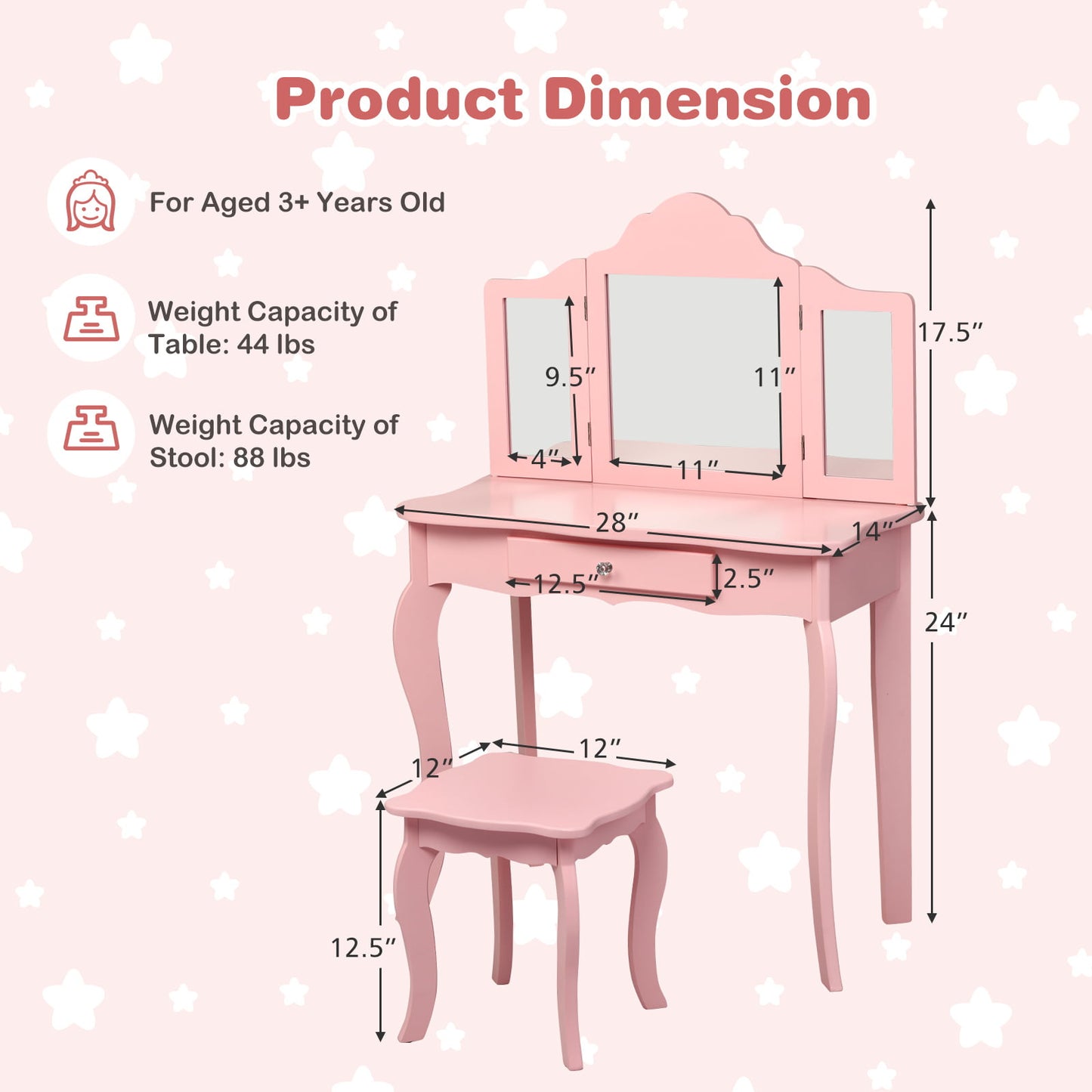Kids Vanity Table and Stool Set with Mirror and Drawer