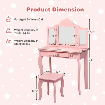 Kids Vanity Table and Stool Set with Mirror and Drawer