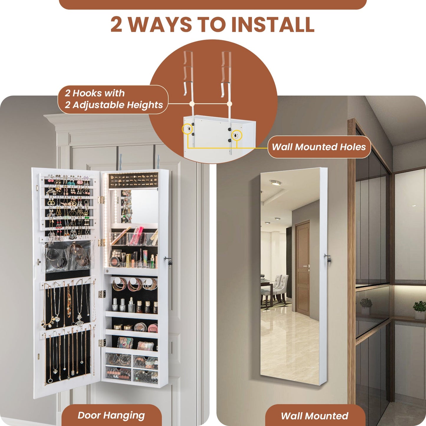 Wall Mounted Jewelry Cabinet with 3-Color Lights