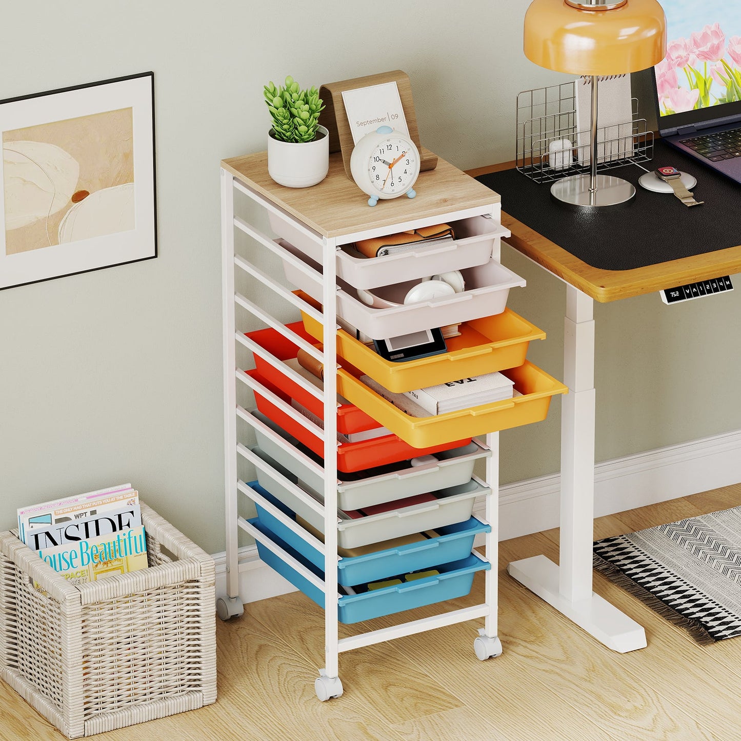 10-Drawer Rolling Storage Cart Mobile Utility Organizer with Wooden Tabletop and Lockable Wheels