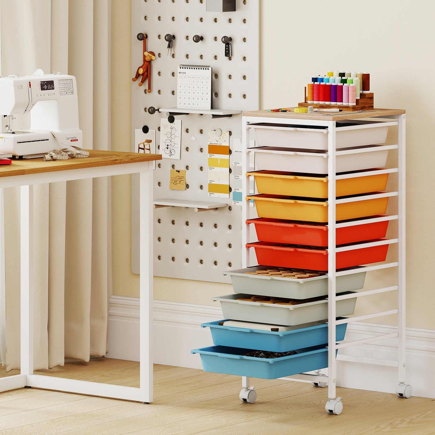 10-Drawer Rolling Storage Cart Mobile Utility Organizer with Wooden Tabletop and Lockable Wheels