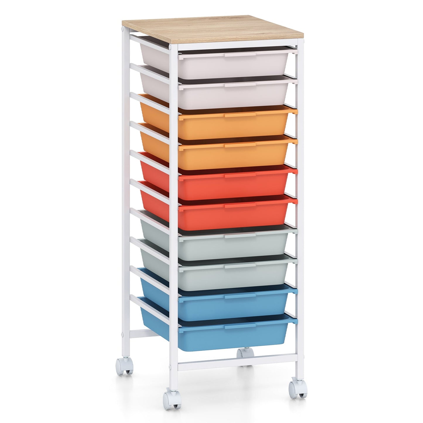10-Drawer Rolling Storage Cart Mobile Utility Organizer with Wooden Tabletop and Lockable Wheels