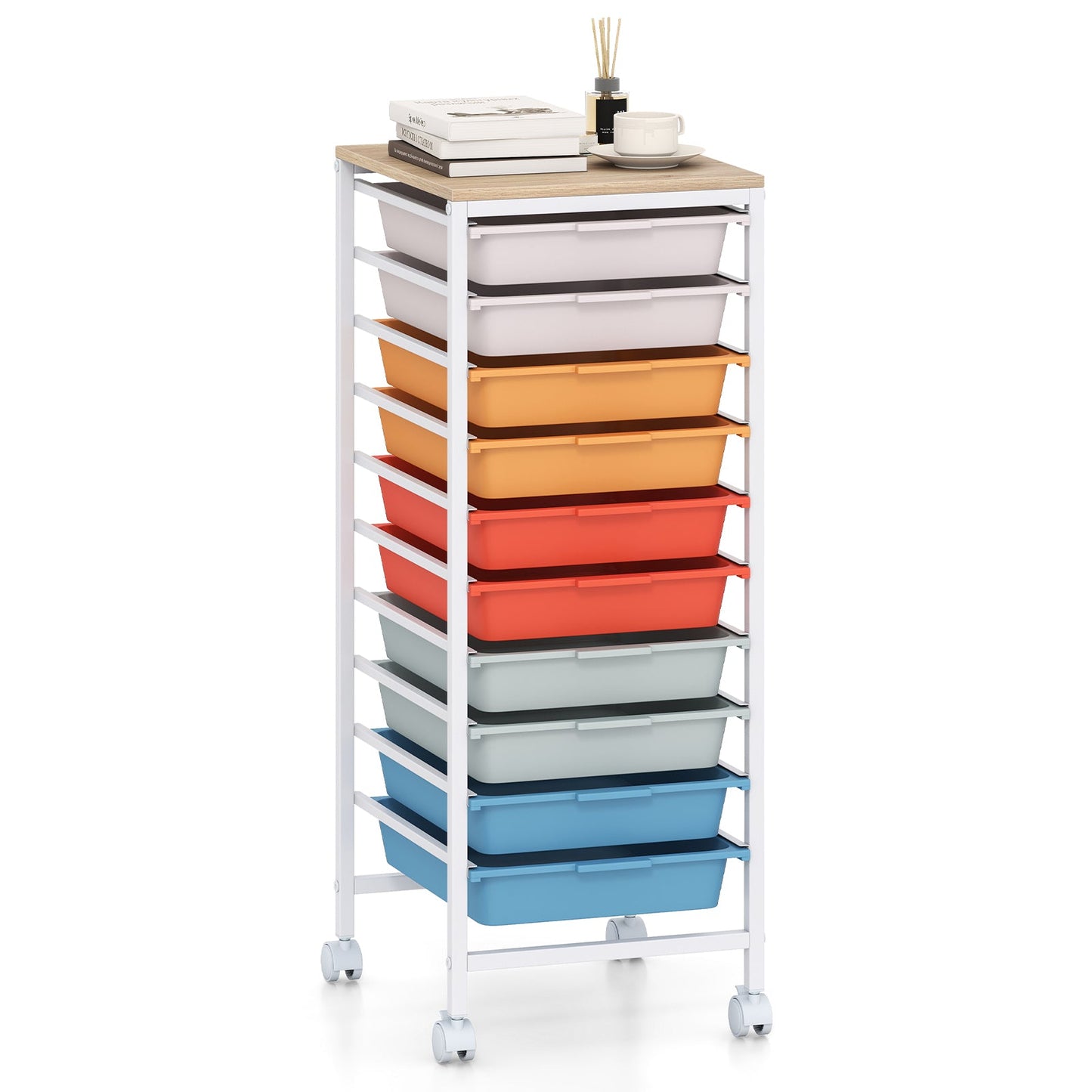 10-Drawer Rolling Storage Cart Mobile Utility Organizer with Wooden Tabletop and Lockable Wheels