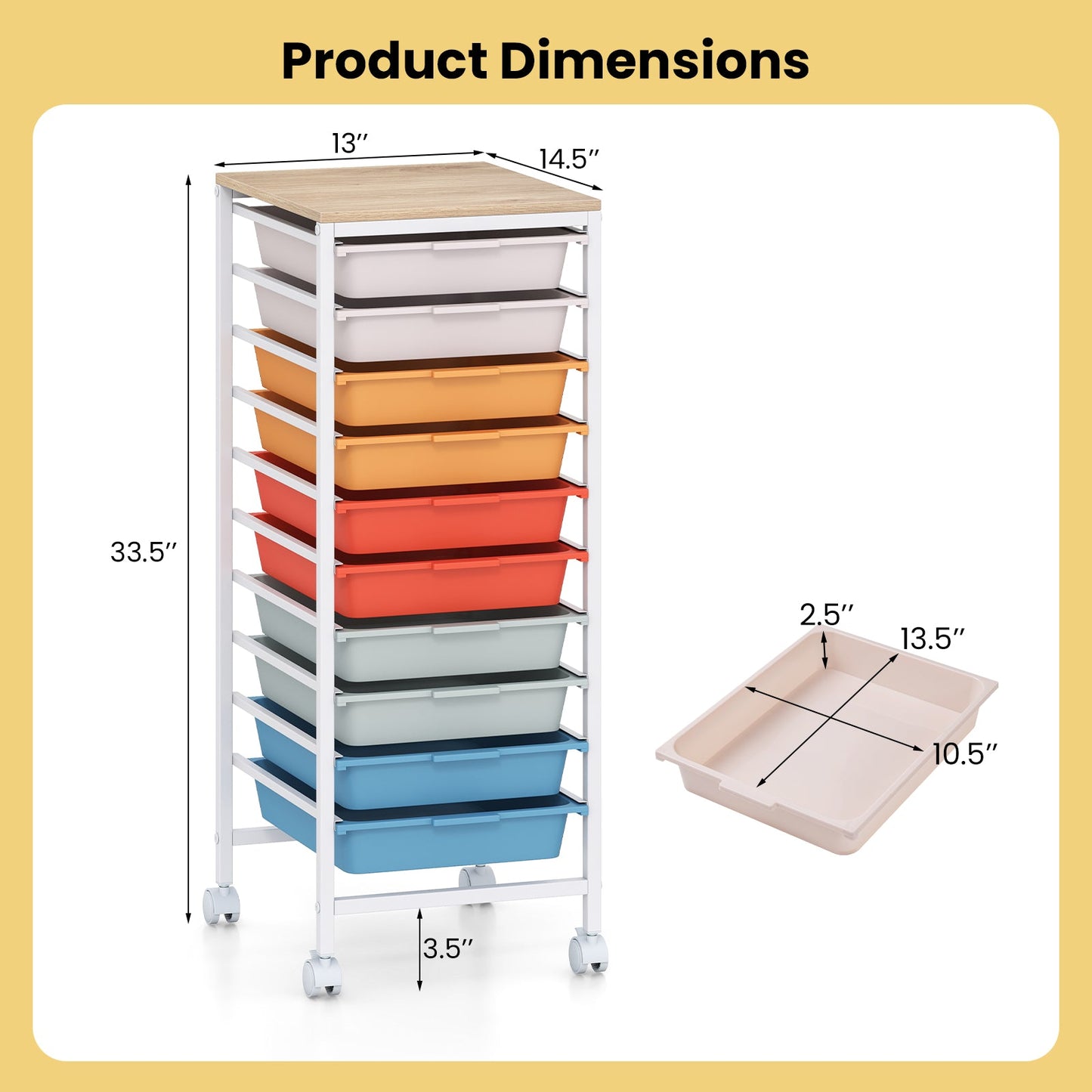 10-Drawer Rolling Storage Cart Mobile Utility Organizer with Wooden Tabletop and Lockable Wheels