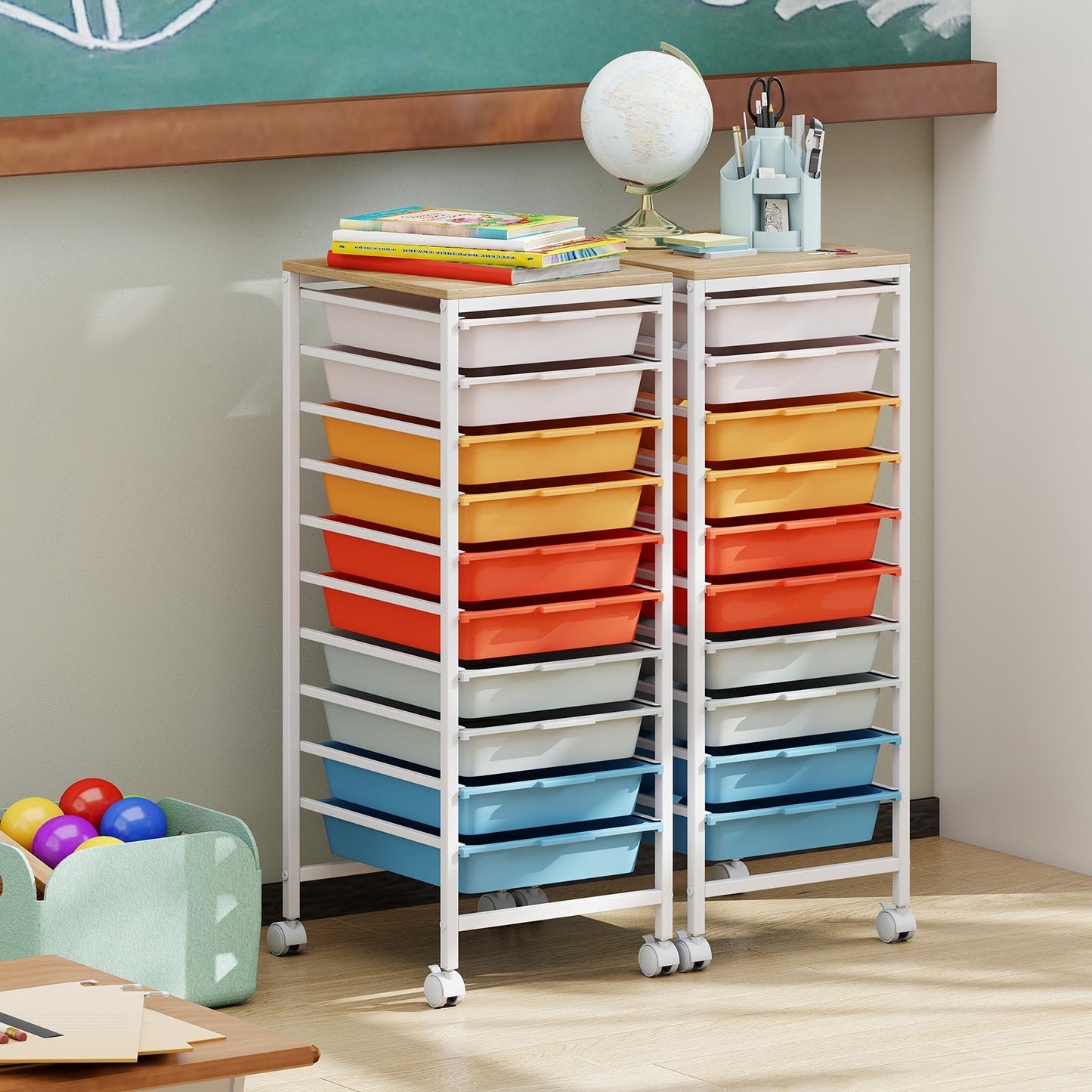 10-Drawer Rolling Storage Cart Mobile Utility Organizer with Wooden Tabletop and Lockable Wheels