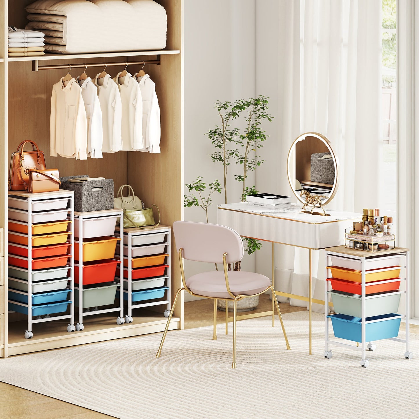 10-Drawer Rolling Storage Cart Mobile Utility Organizer with Wooden Tabletop and Lockable Wheels