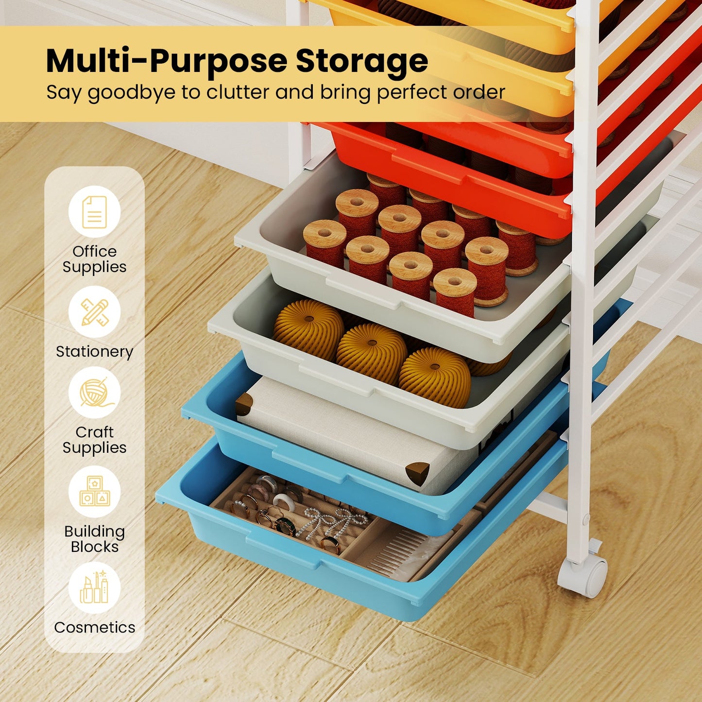 10-Drawer Rolling Storage Cart Mobile Utility Organizer with Wooden Tabletop and Lockable Wheels