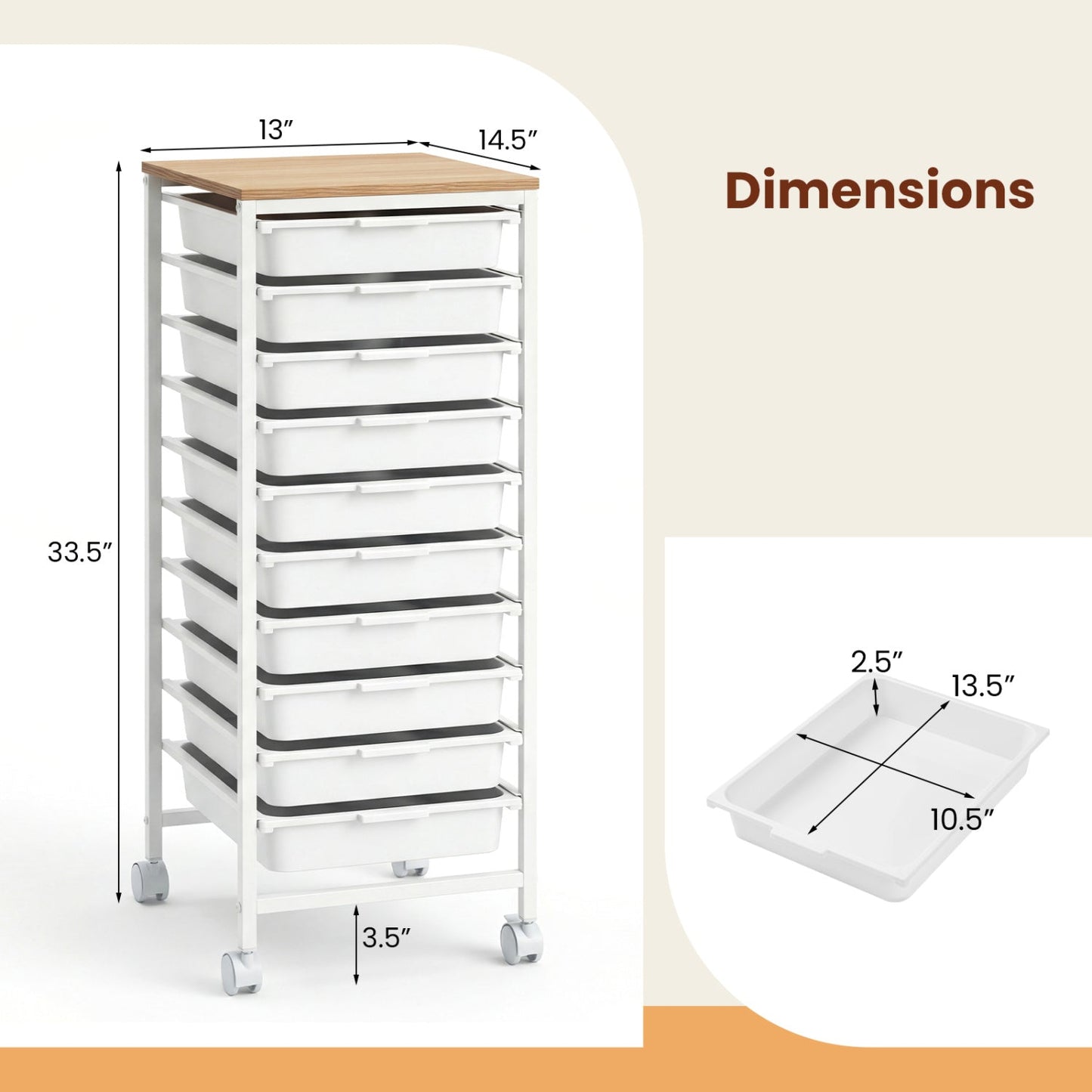 10-Drawer Rolling Storage Cart Mobile Utility Organizer with Wooden Tabletop and Lockable Wheels