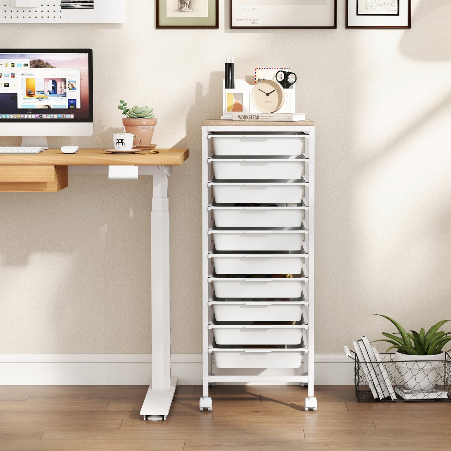 10-Drawer Rolling Storage Cart Mobile Utility Organizer with Wooden Tabletop and Lockable Wheels