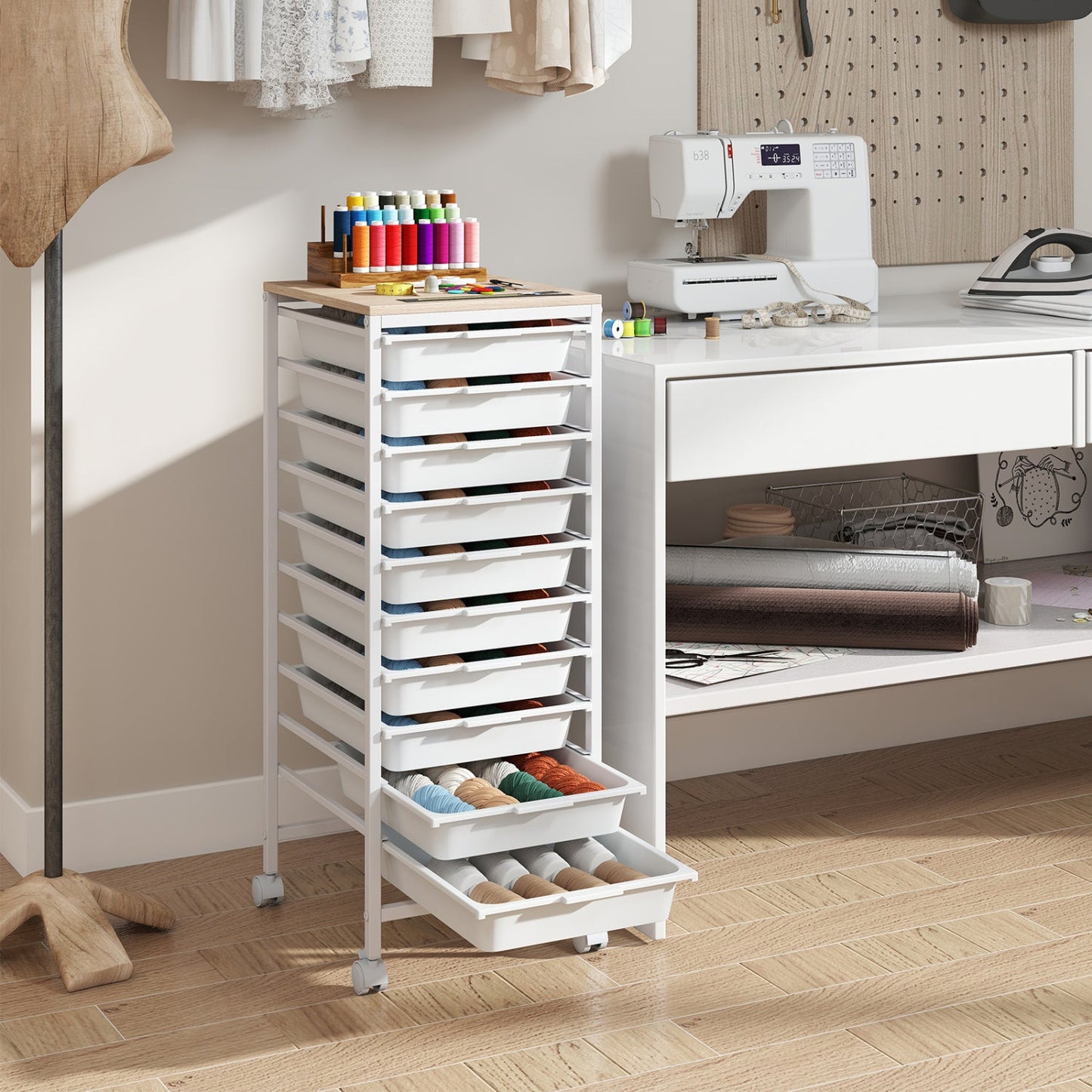 10-Drawer Rolling Storage Cart Mobile Utility Organizer with Wooden Tabletop and Lockable Wheels
